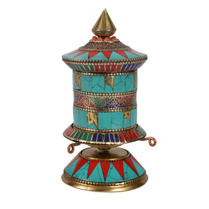 Tibetan 5.5" Turquoise Coral Table Spinning Wheel Table Prayer Wheel